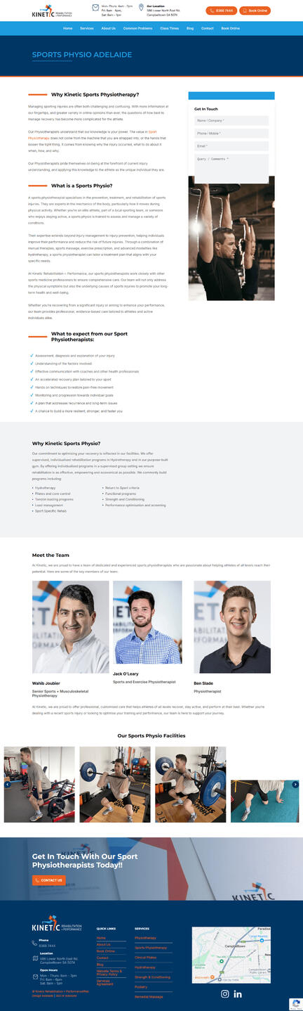 Kinetic RP – Leading Sports Physiotherapy for Injury Recovery & Performance Kinetic RP full-page layout showcasing expert sports physiotherapy services, led by skilled sports physiotherapists dedicated to athlete recovery and performance.